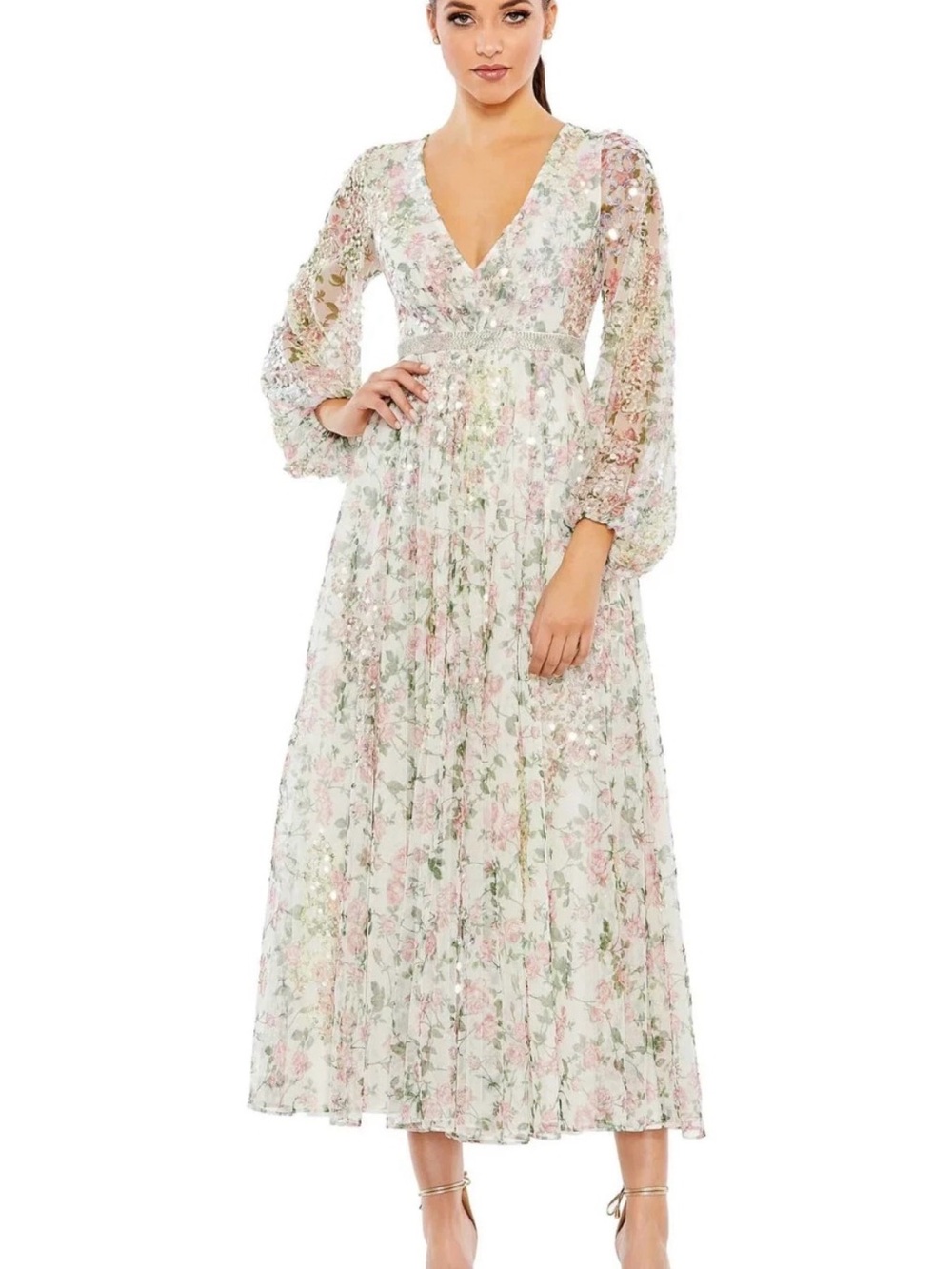 NWT Mac Duggal 93788 Dress 6 Embellished Floral Faux Wrap A-Line Long Sleeves